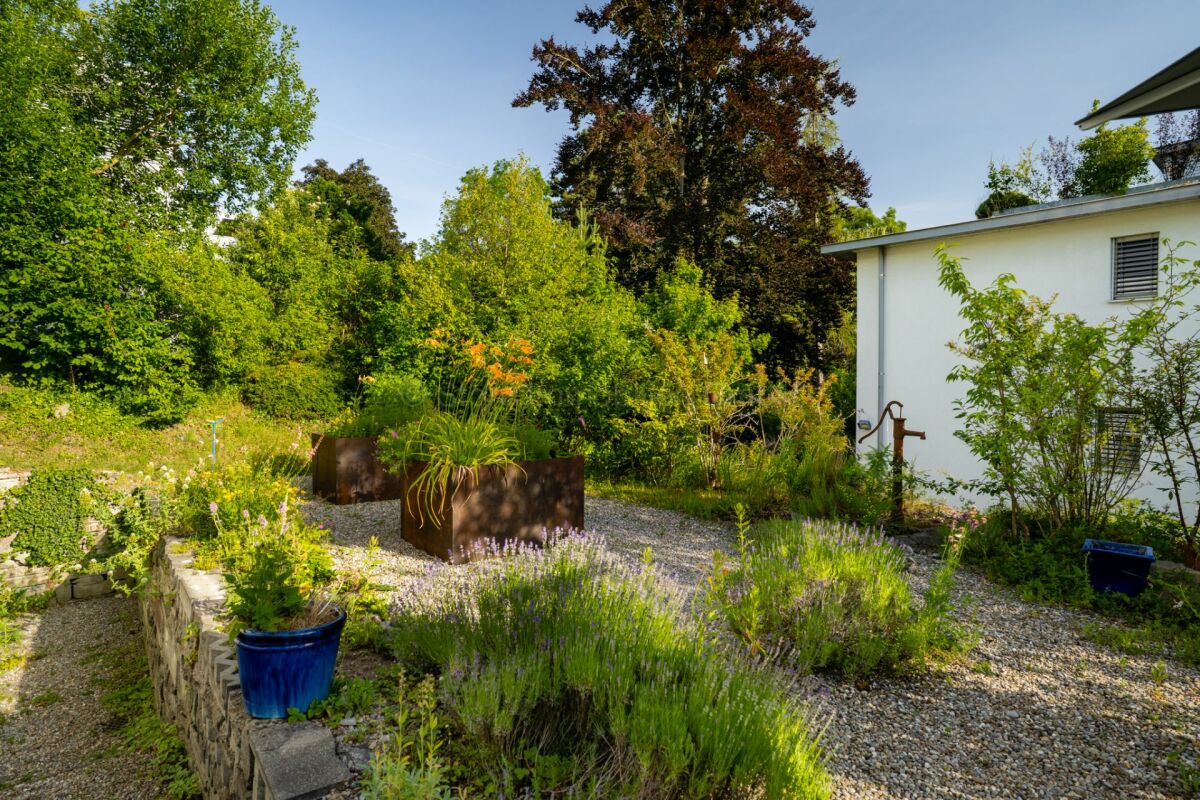 Garten mit Natursteinweg und Metallpflanzkübeln