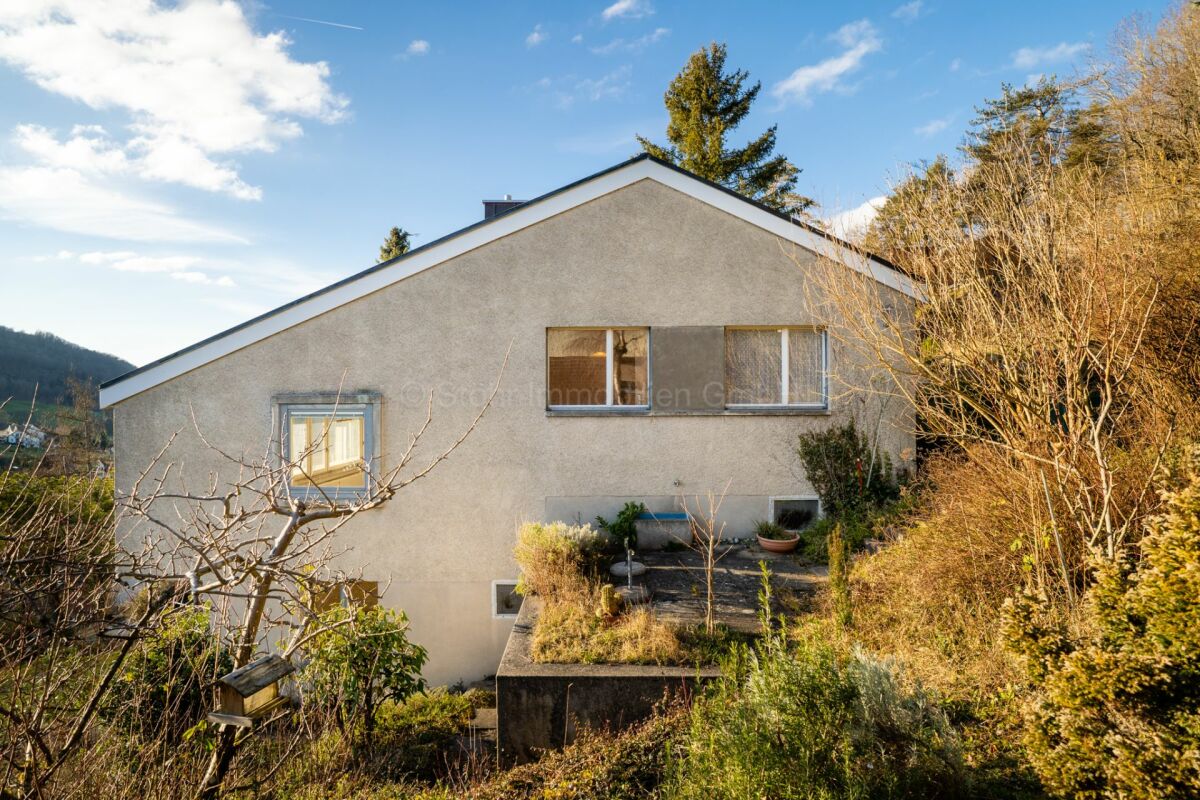 Giebelseite eines Hauses mit Garten