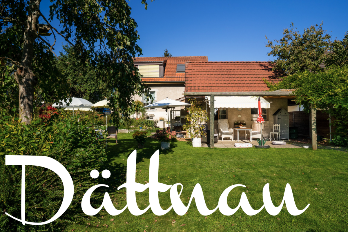 Gartenansicht eines Einfamilienhauses mit Terrasse
