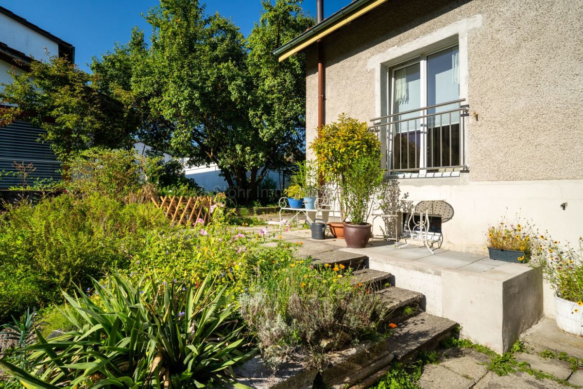 Gartenansicht eines Hauses mit Terrasse