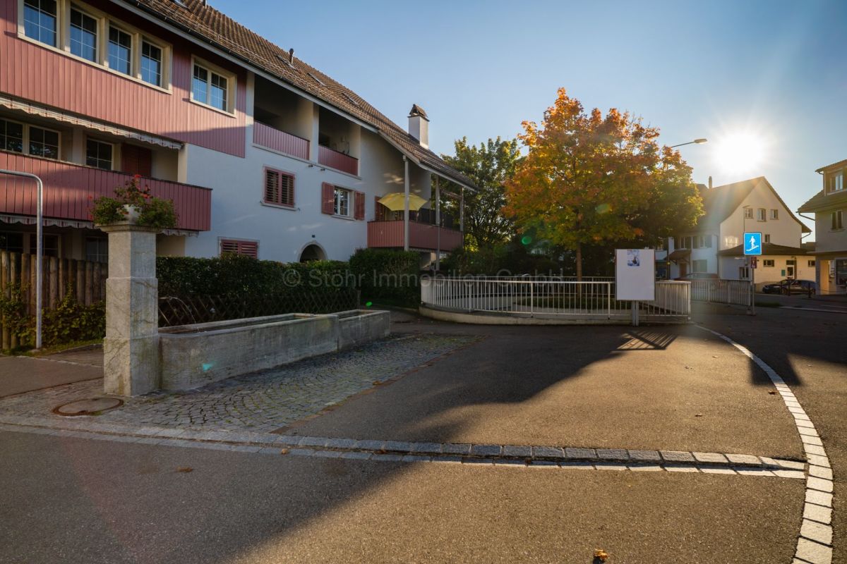 Wohnhaus mit Straße und Baum im Gegenlicht