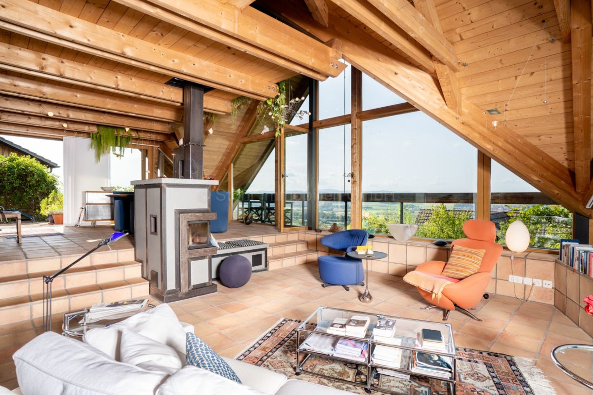 Wohnraum mit Panorama und Holztragwerk