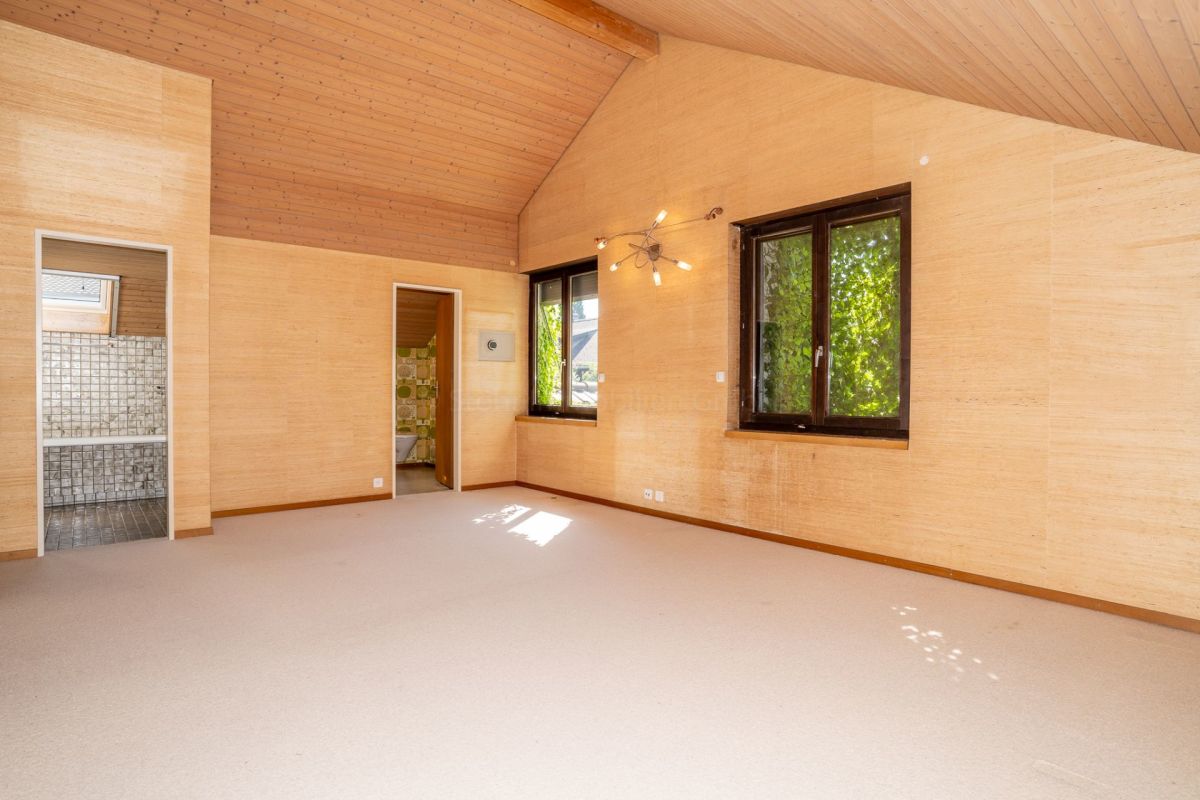 Großer leerer Raum mit Holzdecke und Teppichboden