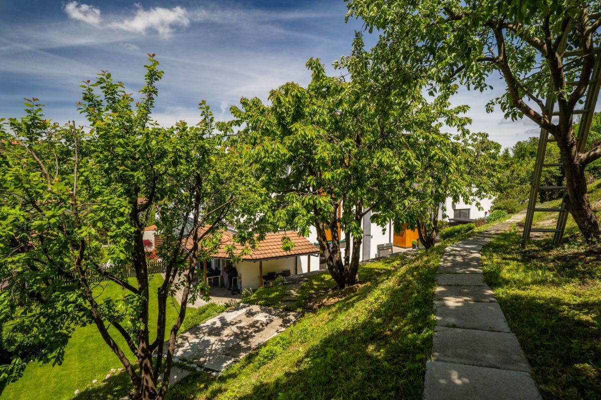 Gartenhang mit Wohnhaus und gepflastertem Weg