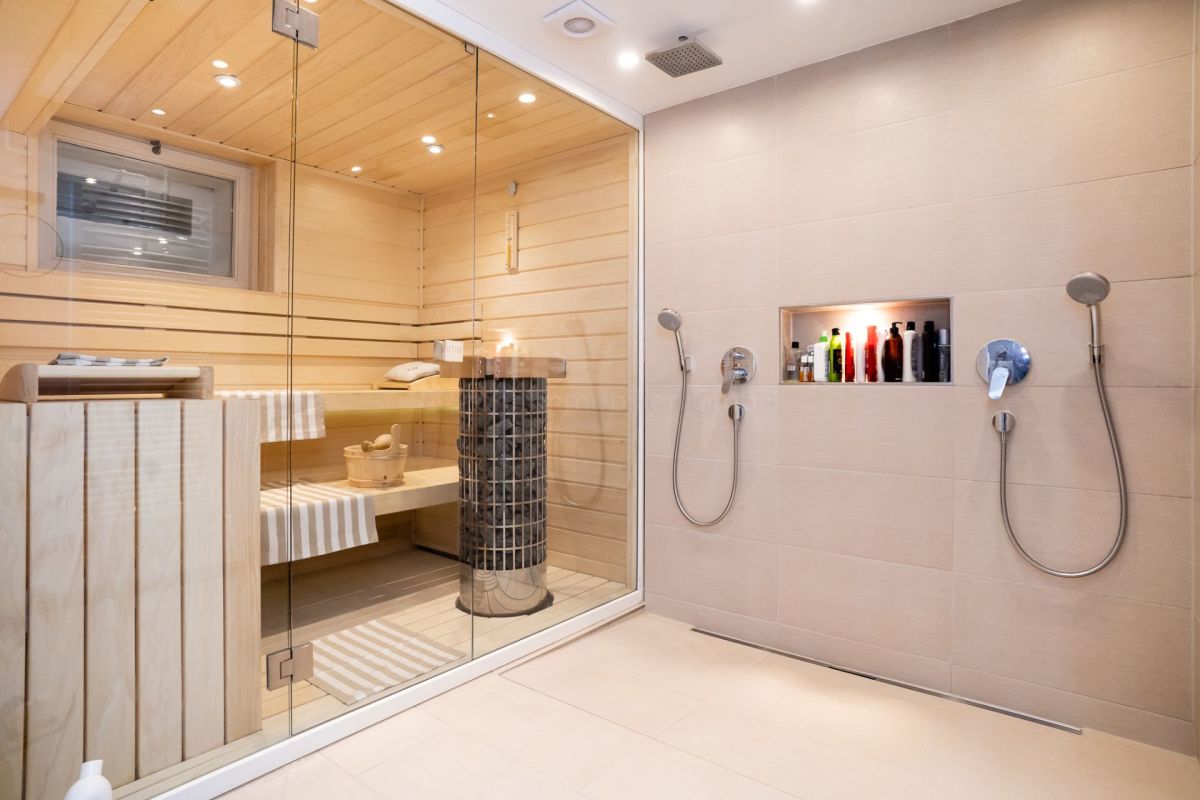 Moderne Sauna mit angrenzender Duschzone