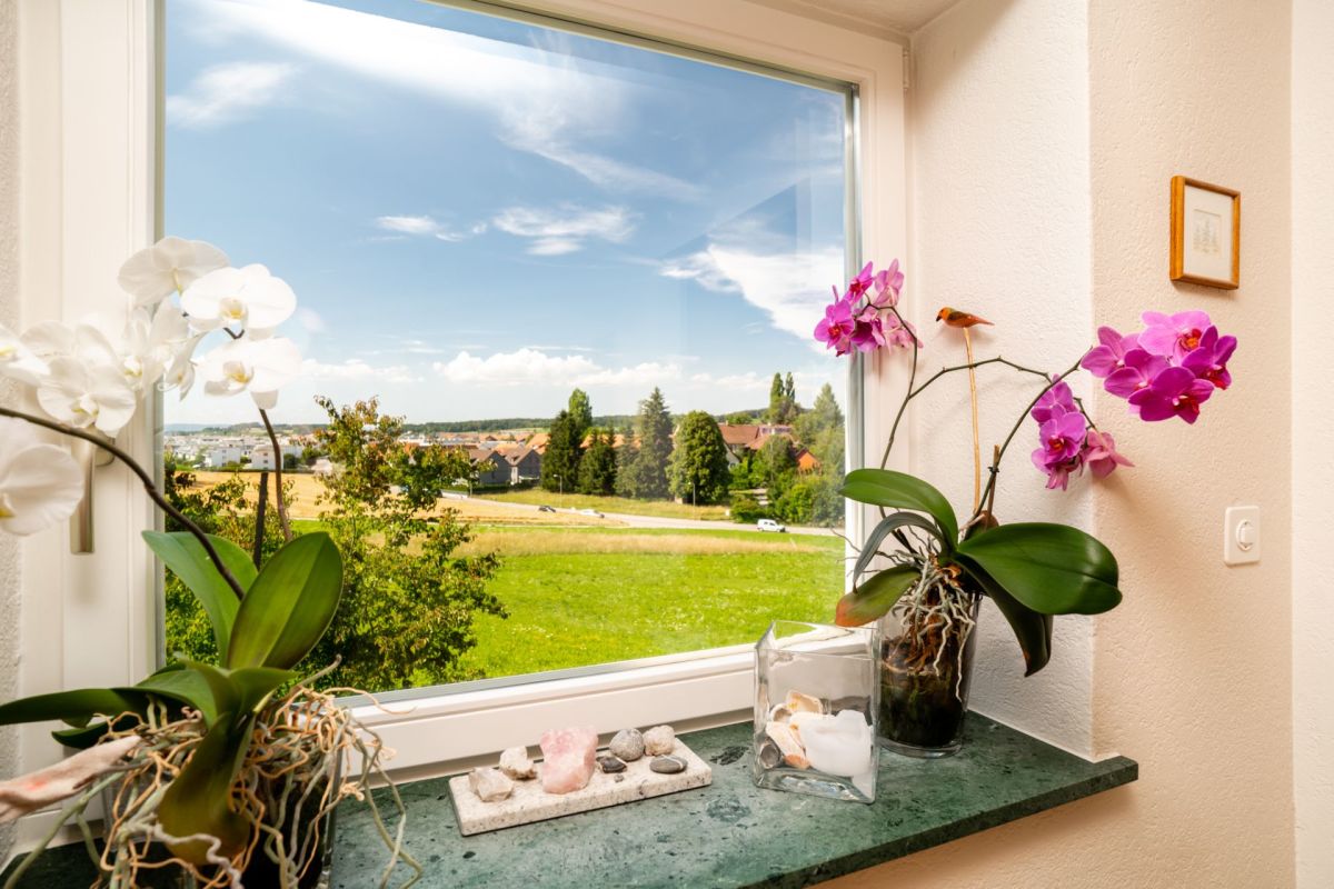Heller Flur mit großem Fenster und Pflanzen