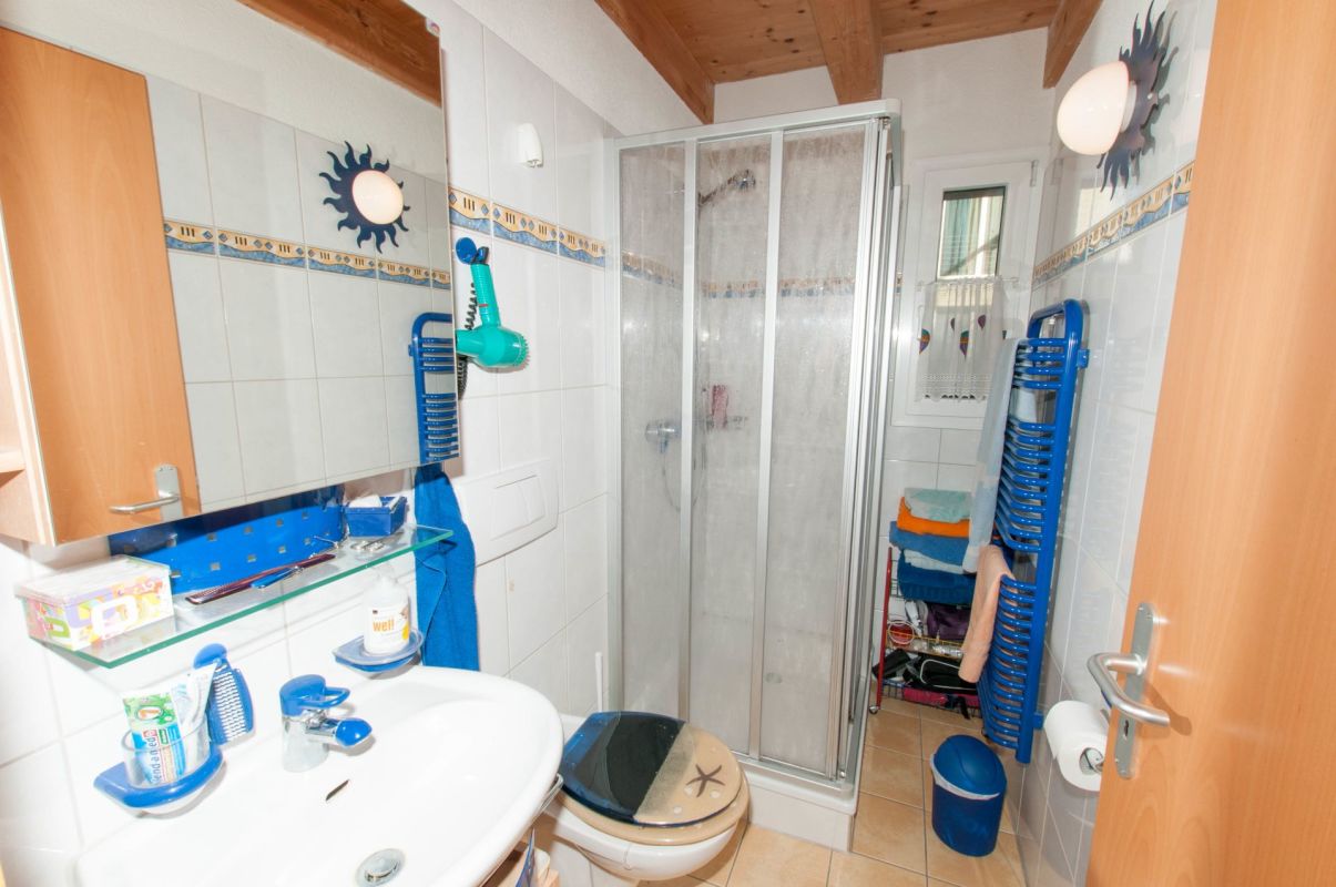 Badezimmer mit Dusche und Holzdecken