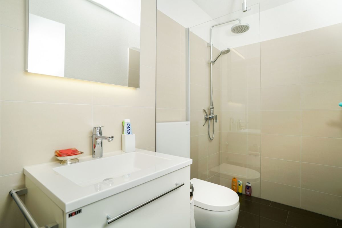 Modernes Bad mit Dusche und Waschplatz