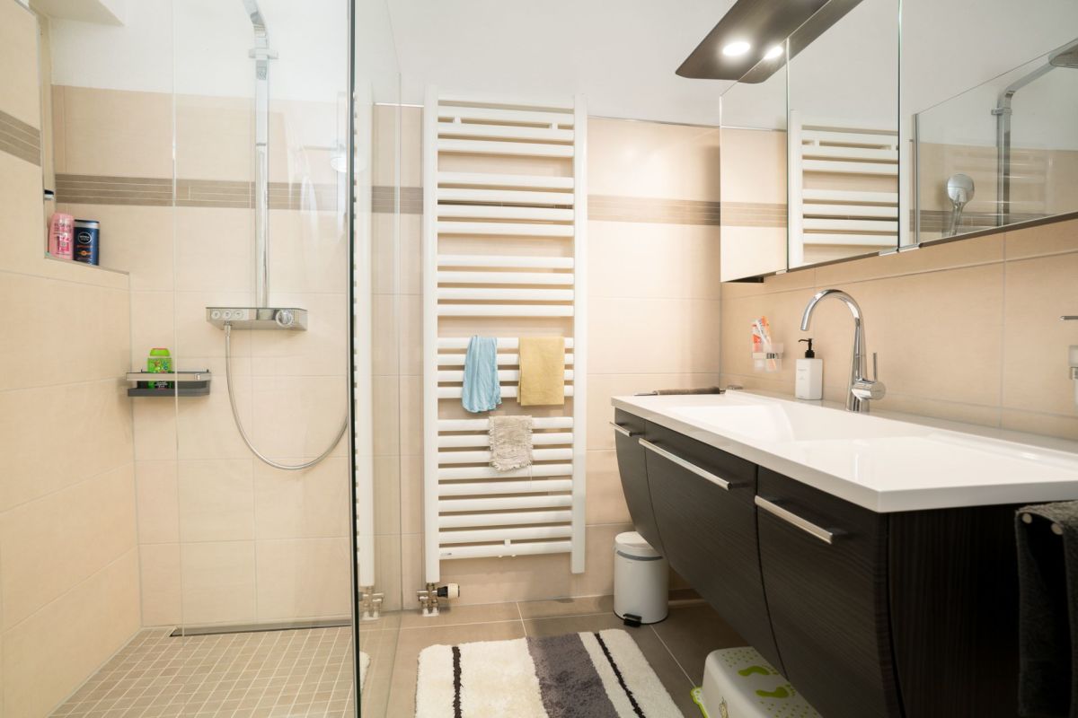 Modernes Badezimmer mit begehbarer Dusche und Waschtisch