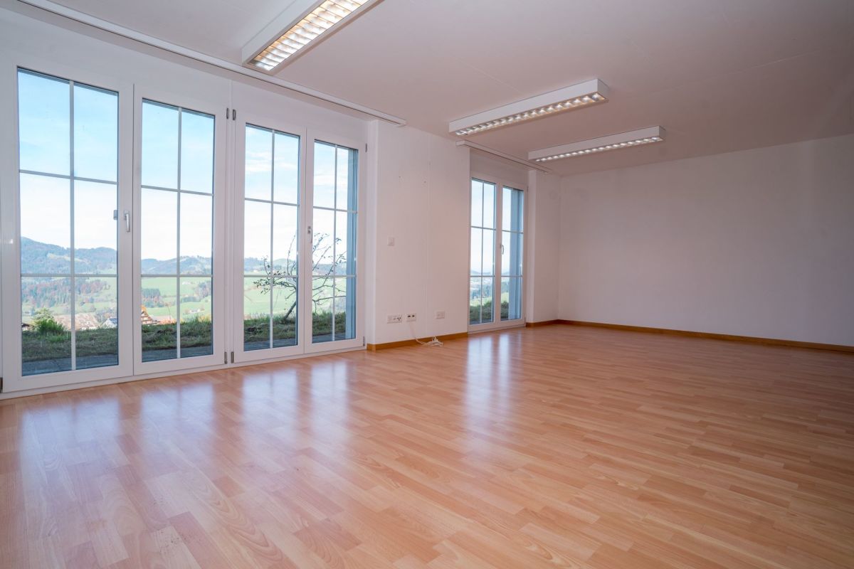 Heller leerer Wohnraum mit großem Fensterfrontblick