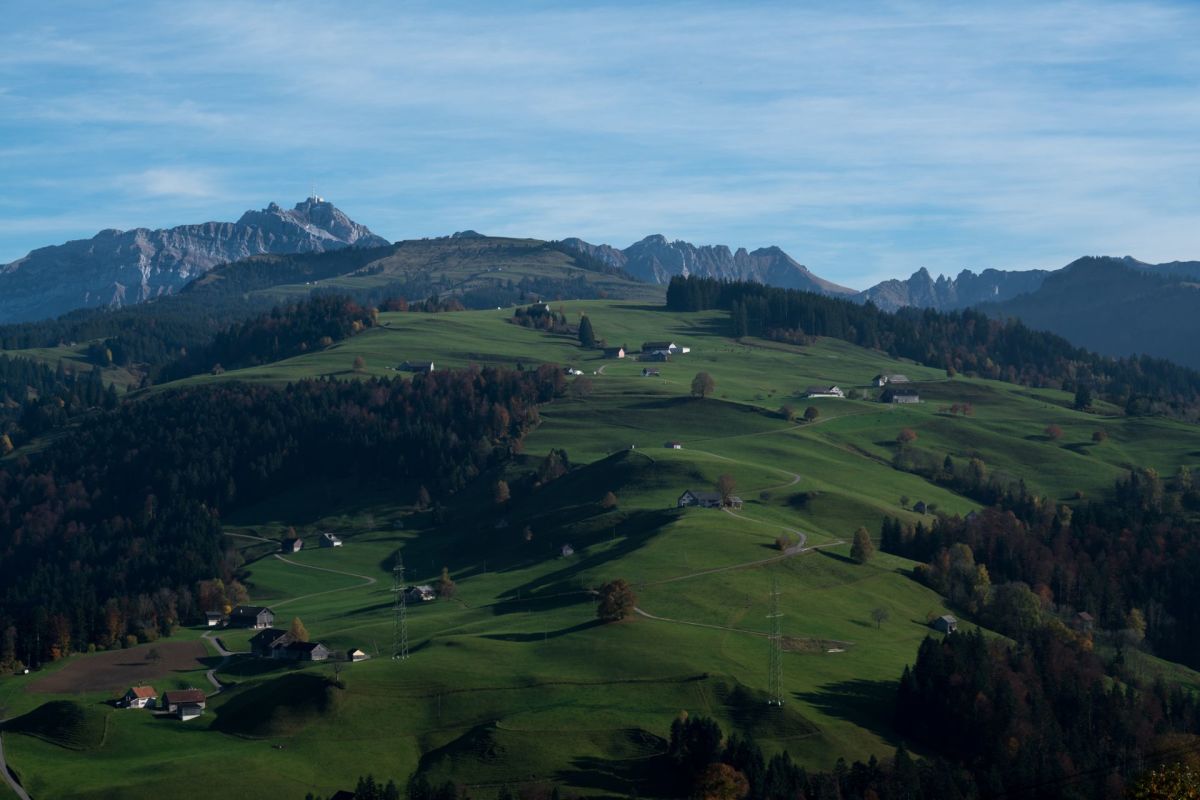 Alpenlandschaft mit Wiesen und Bergen