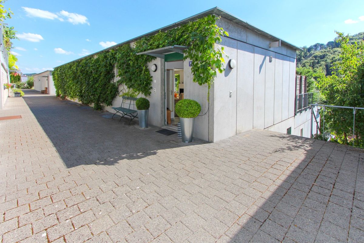 Außenbereich mit begrüntem Gebäude