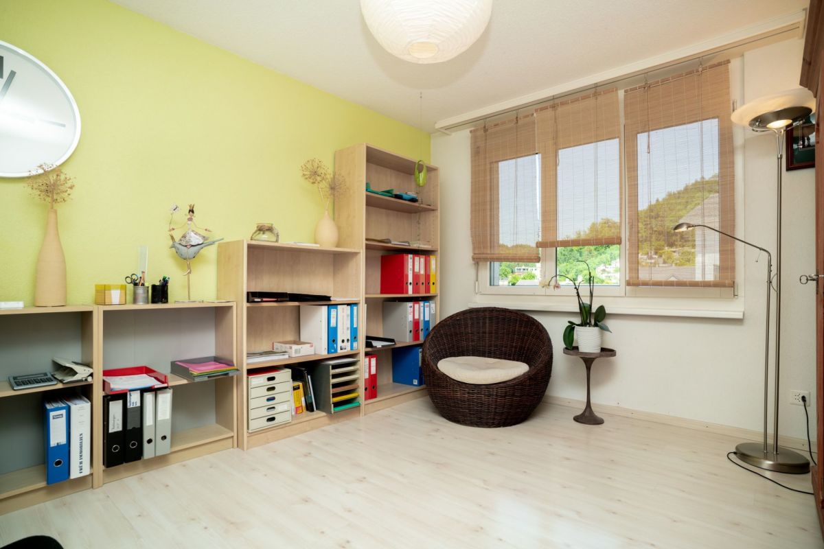 Heller Arbeits- bzw. Wohnraum mit Regalen und Fensterblick