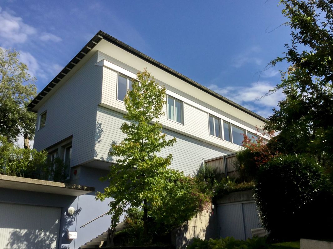 Modernes Einfamilienhaus von unten im Grünen