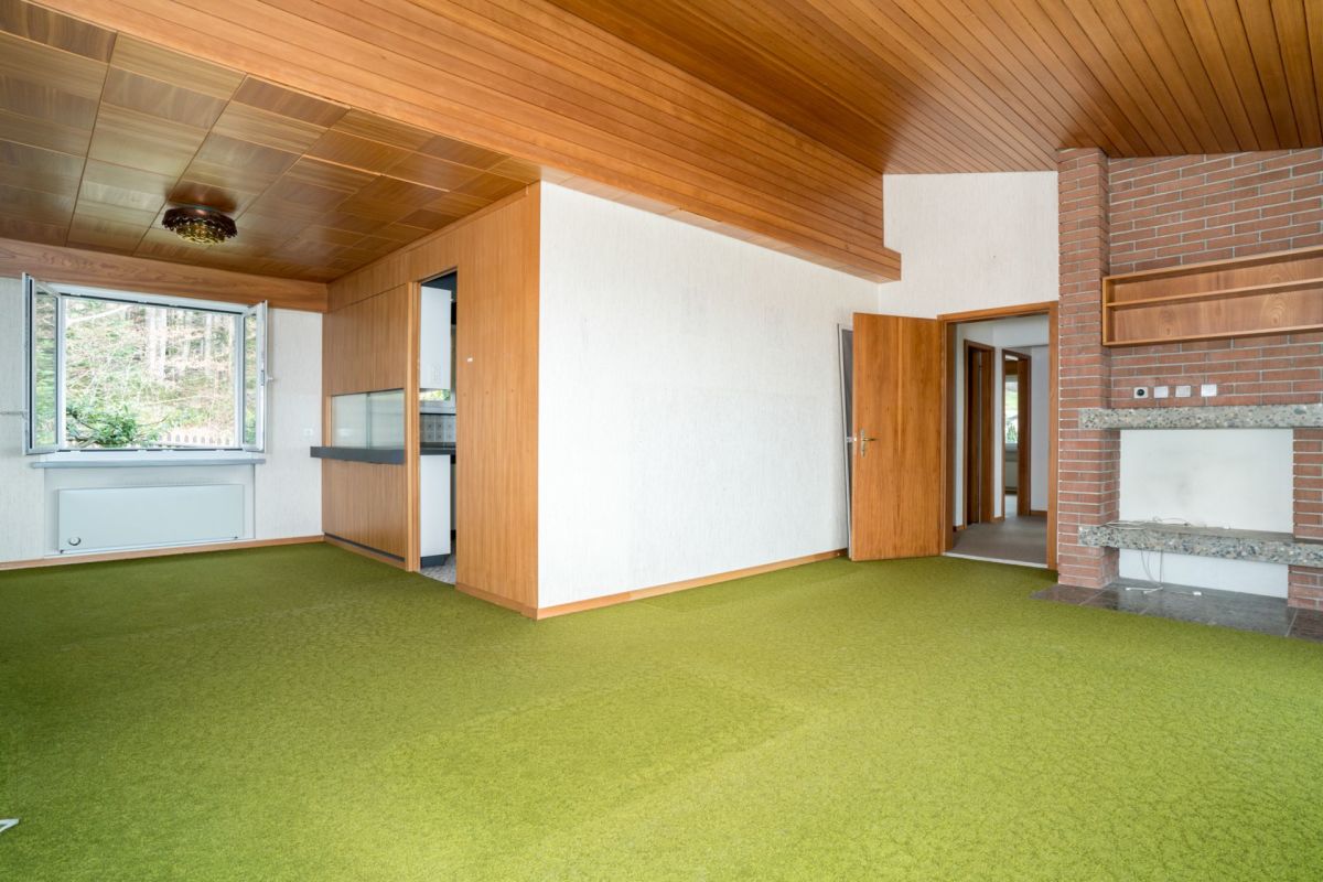 Wohnraum mit grüner Auslegeware und Holzdecke