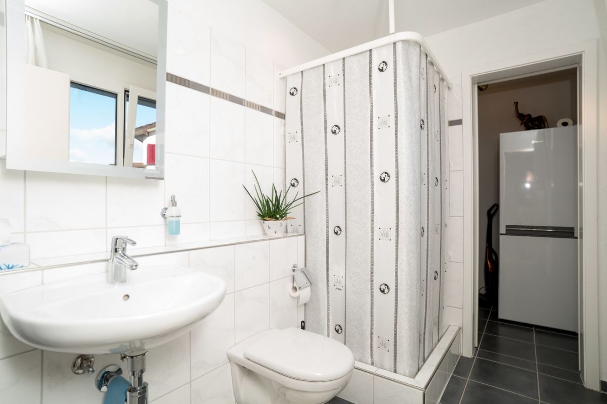 Kleines Badezimmer mit Dusche und Waschtisch