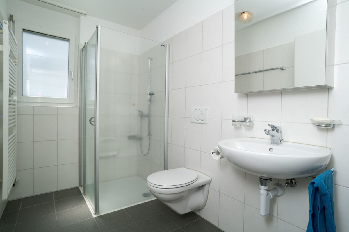 Modernes Badezimmer mit Dusche, WC und Waschtisch