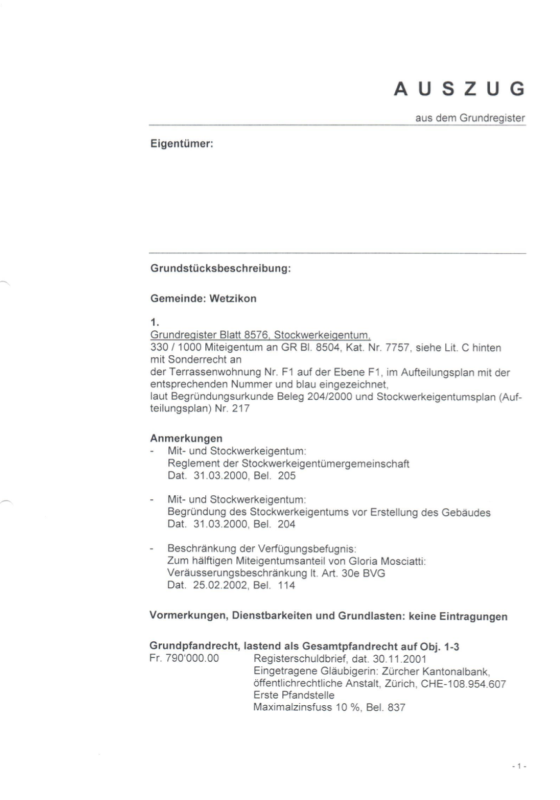 Grundbuchauszug mit Textseite