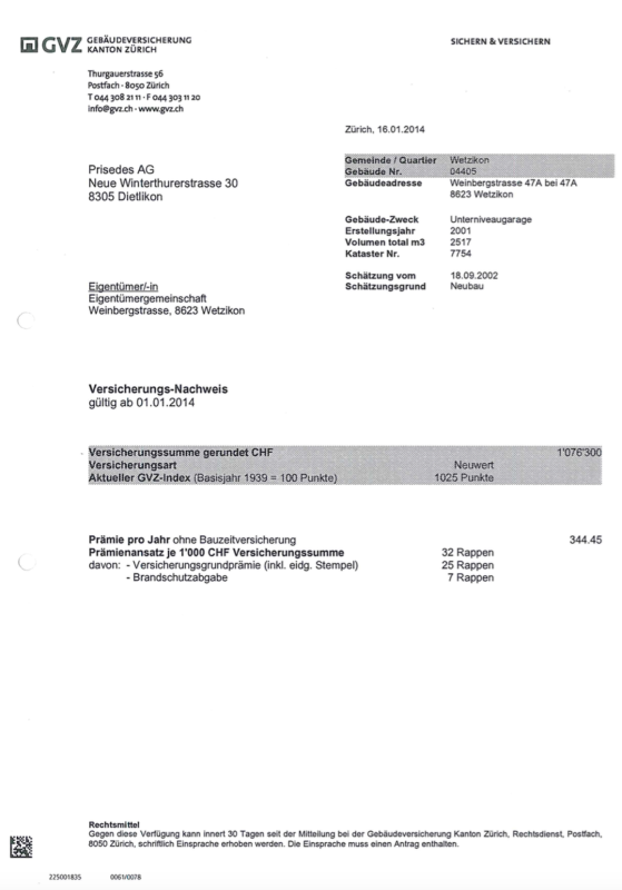 Versicherungsdokument mit Gebäudedaten