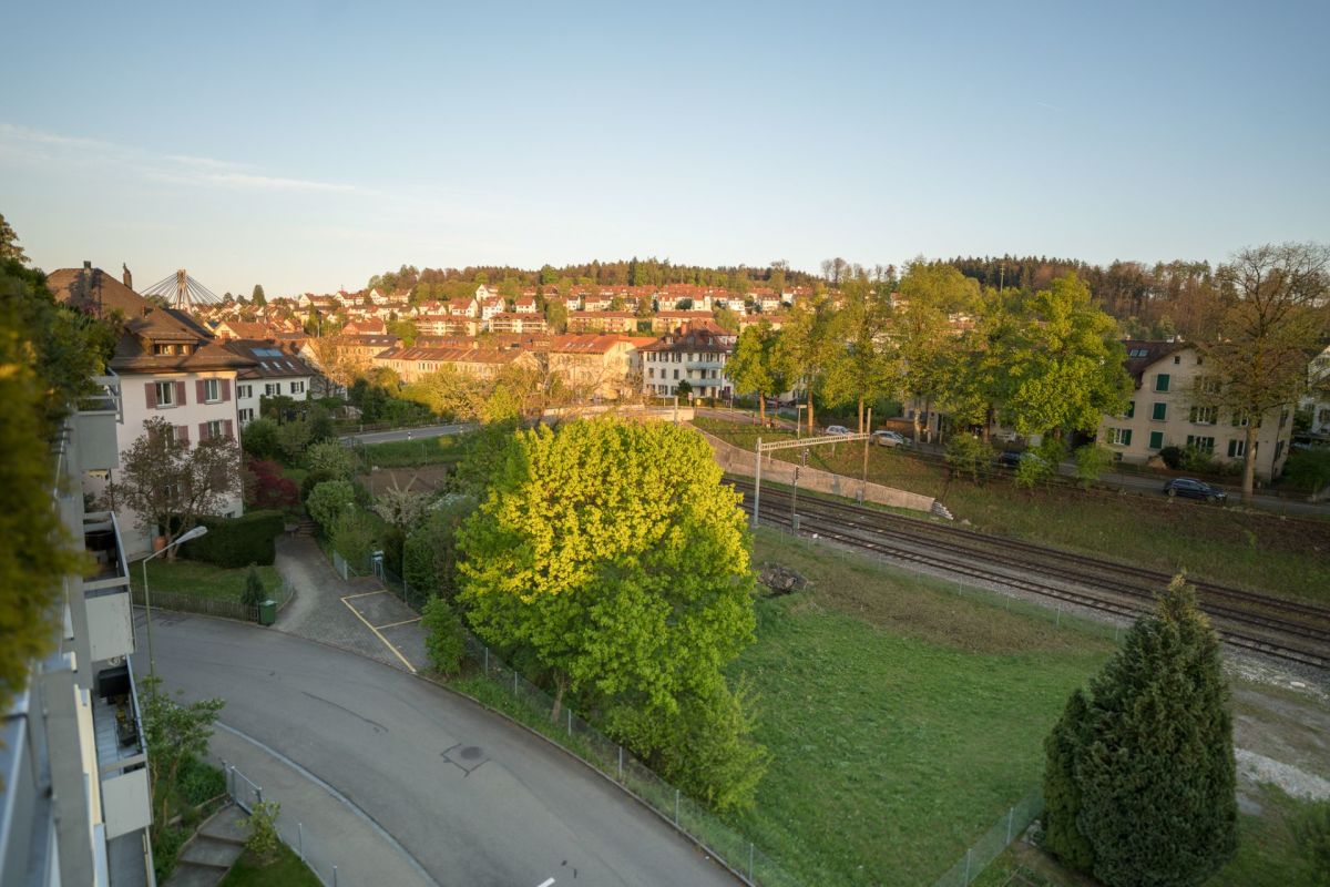 Stadtblick über Grünanlagen und Gleise