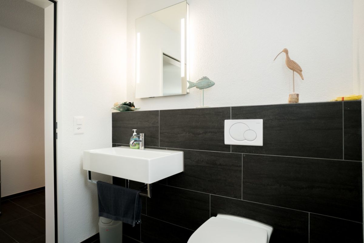 Modernes Gäste-WC mit dunkler Wandverkleidung