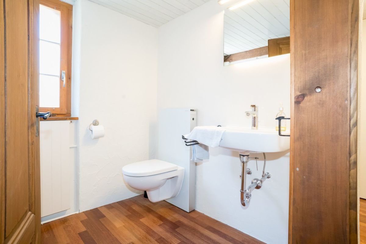Gäste-WC mit Holzoptik und wandhängendem WC