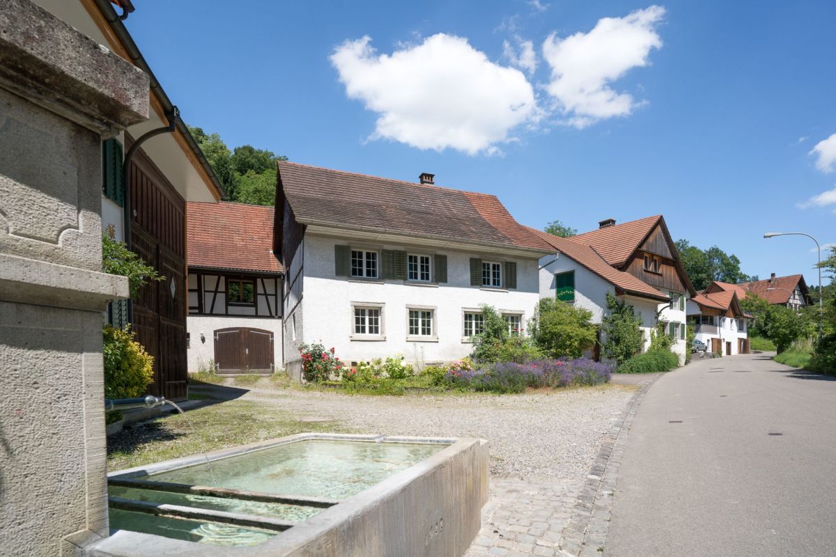 Dorfstraße mit historischen Wohnhäusern