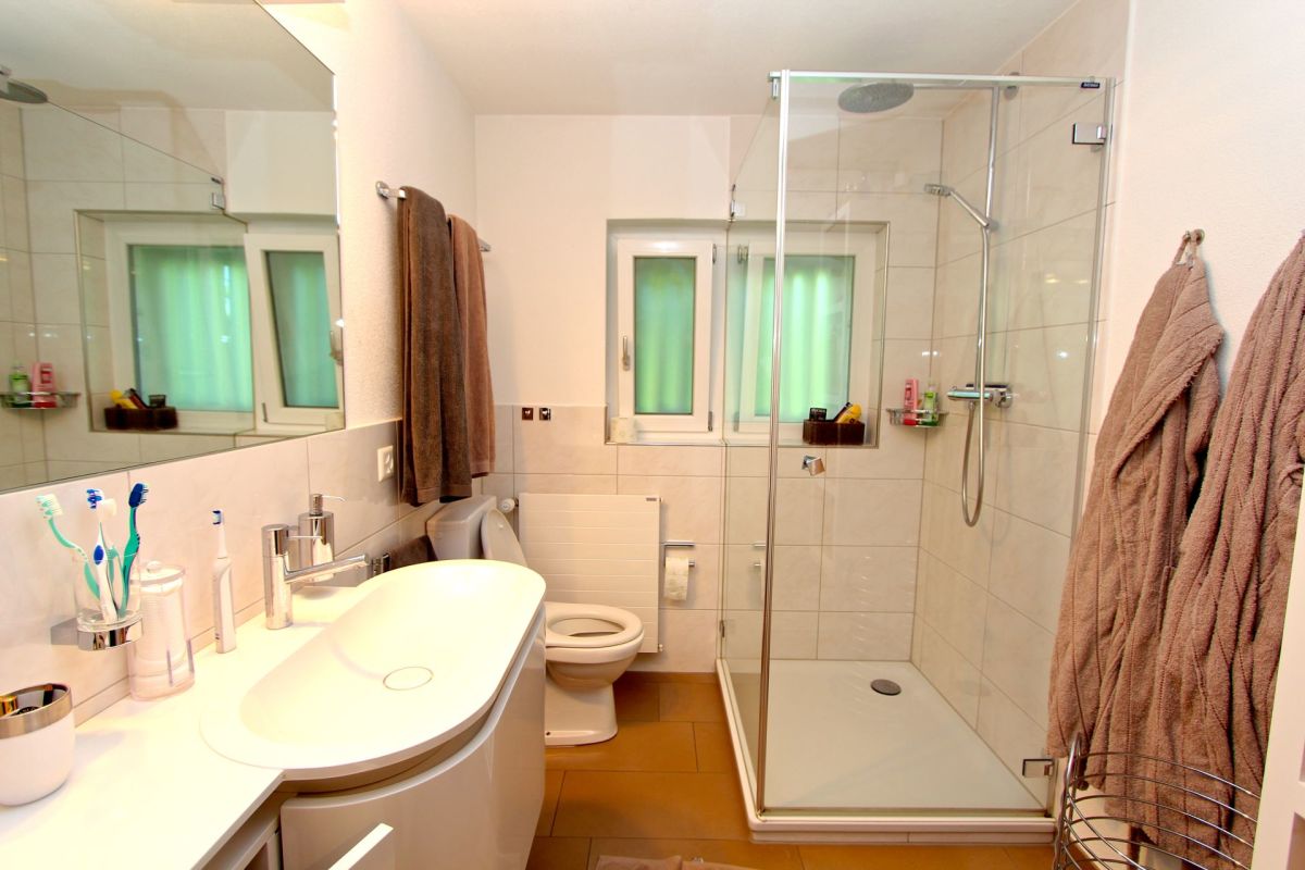 Modernes Badezimmer mit Dusche und Waschtisch