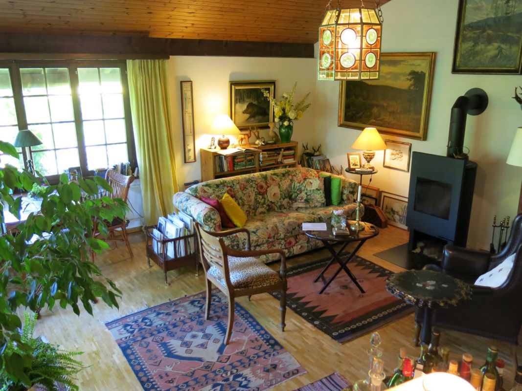 Gemütliches Wohnzimmer mit Kaminofen und Vintage-Möblierung