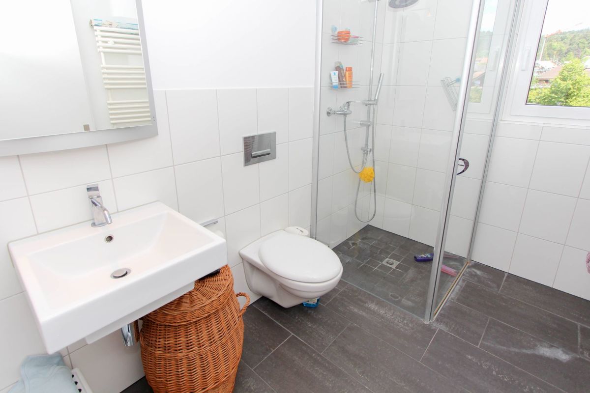 Modernes Badezimmer mit Dusche und Fenster