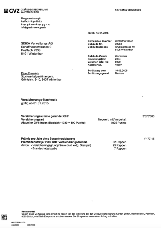 Versicherungsdokument mit Gebäudedaten