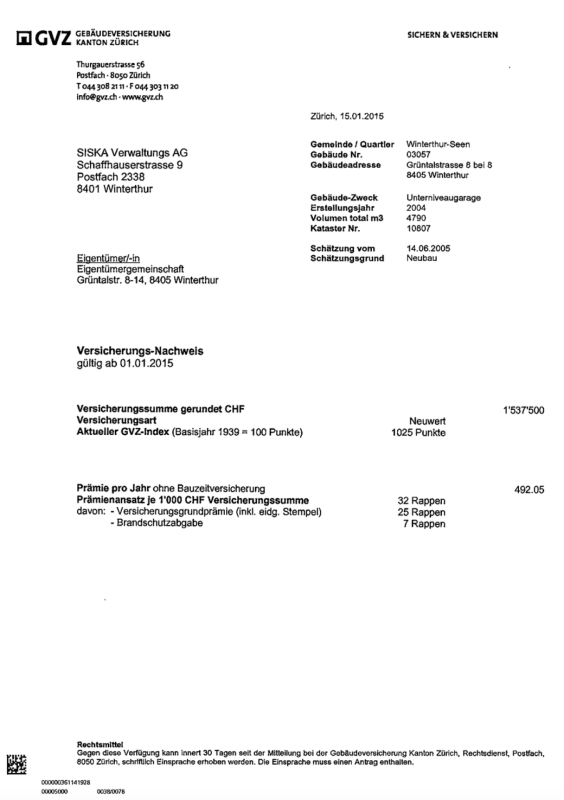 Versicherungsdokument mit Gebäudedaten