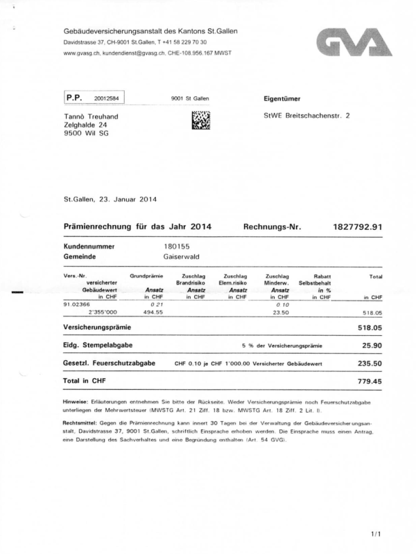 Versicherungsrechnung mit Textkopf