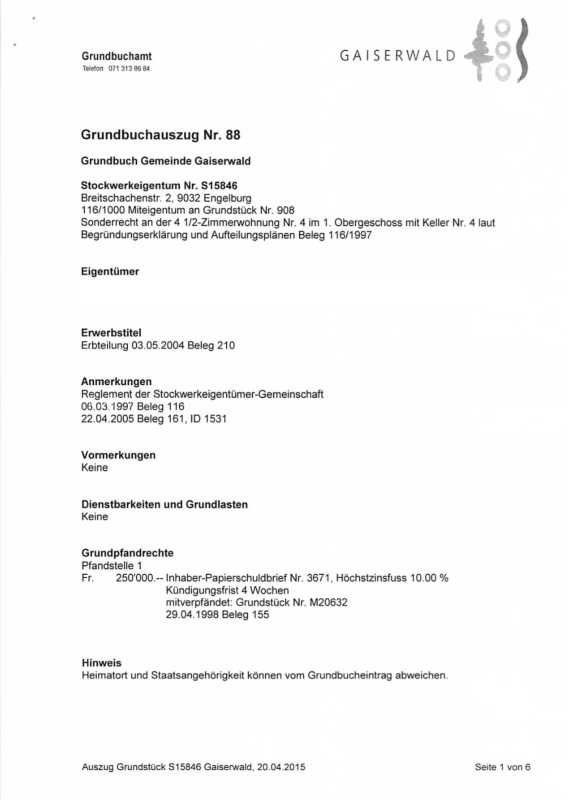 Grundbuchauszug mit Textdokument