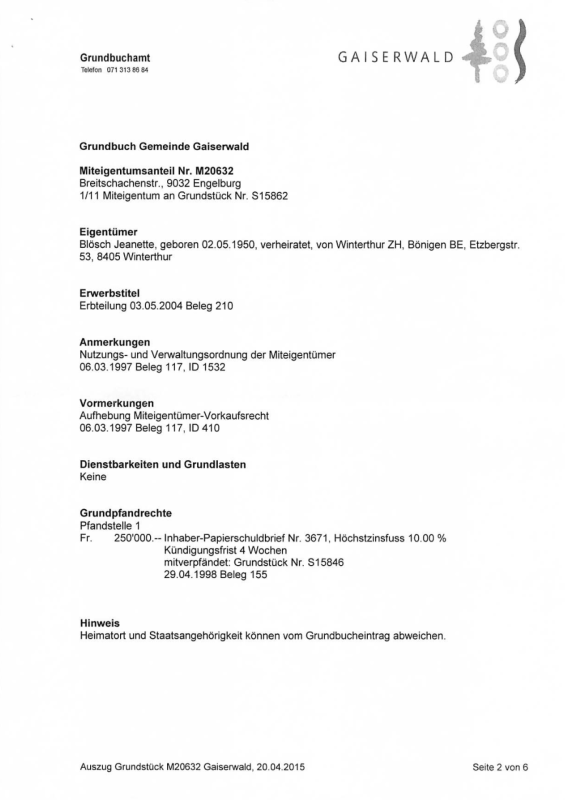 Grundbuchauszug mit Textseite