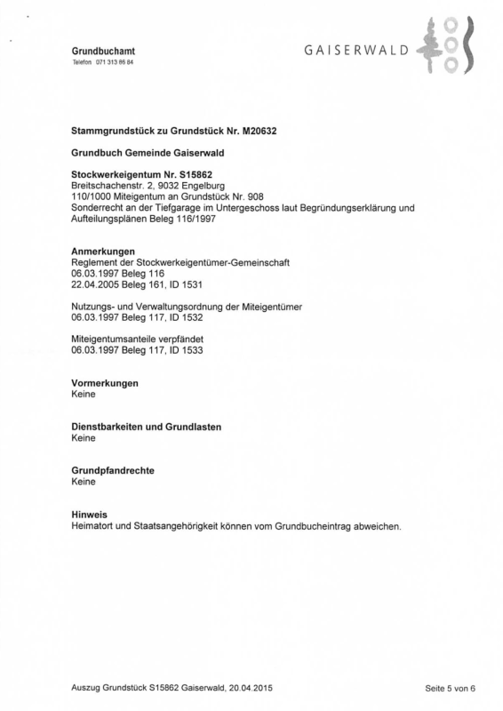 Grundbuchauszug mit Textseite