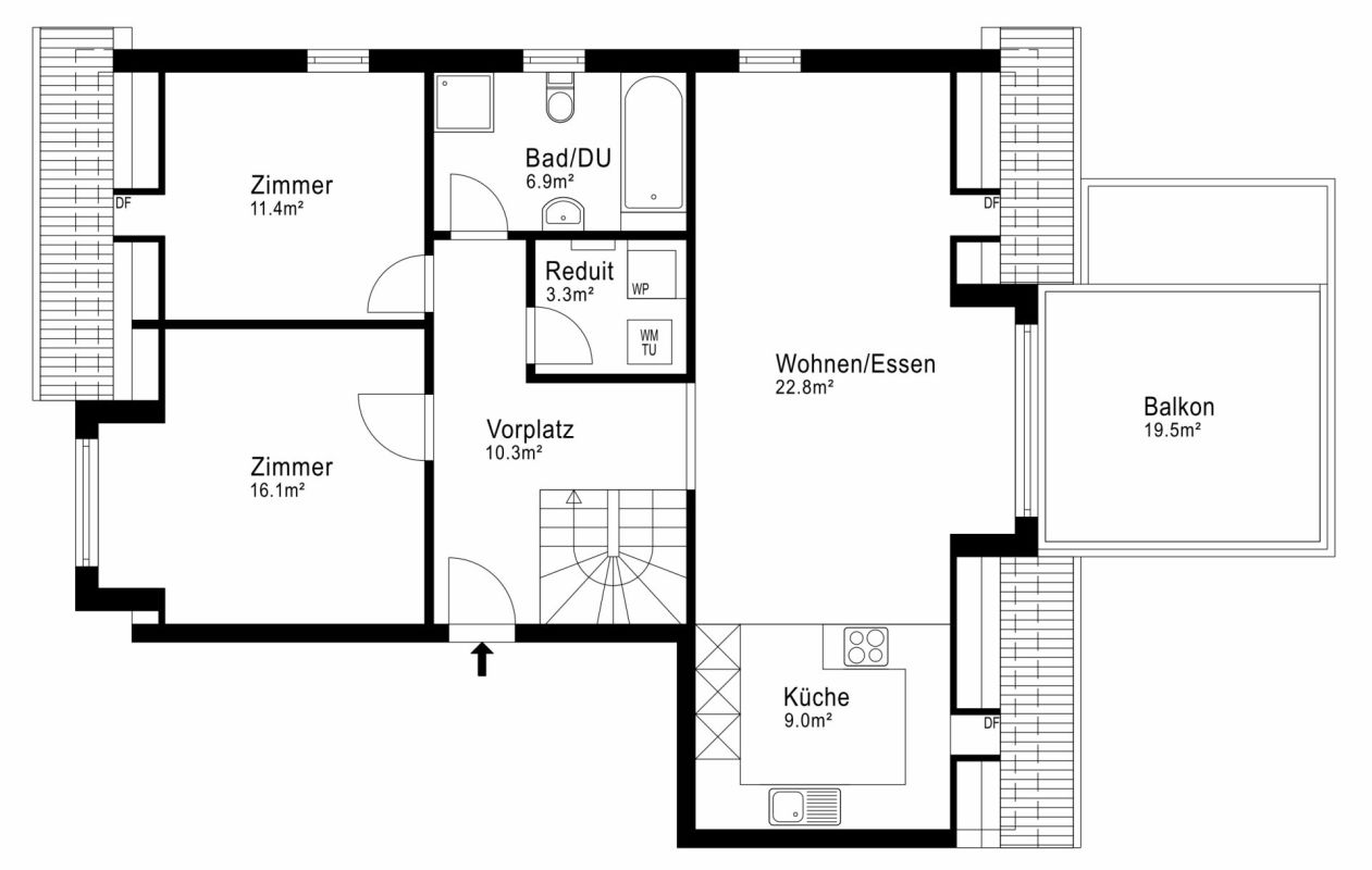 Grundriss einer Wohnung mit Balkon