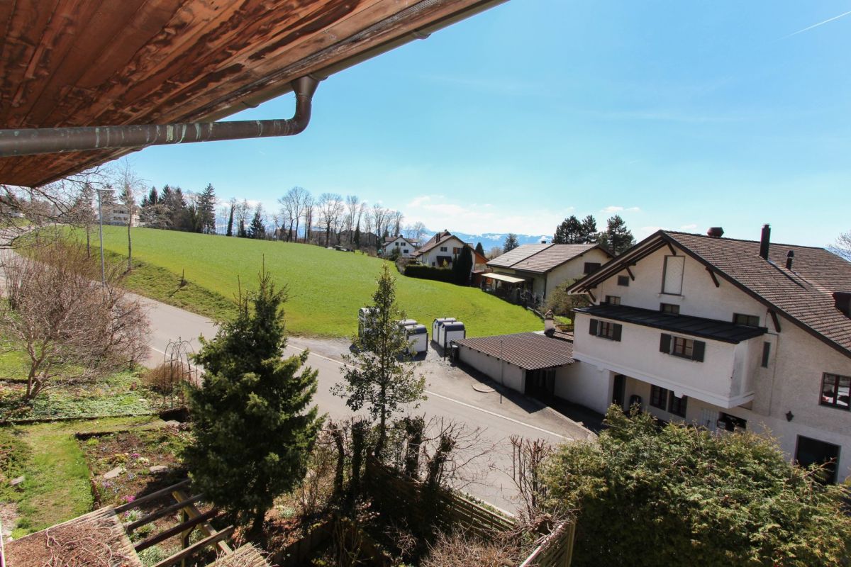 Blick vom Balkon auf ein ländliches Wohngebiet