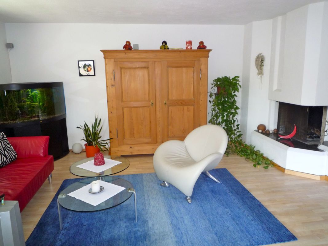 Wohnzimmer mit Kamin und Möbeln