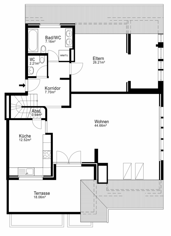 Grundriss einer Wohnung mit Terrasse