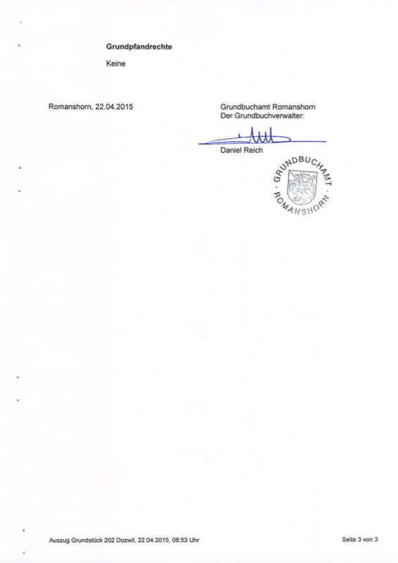 Grundbuchauszug mit Stempel und Unterschrift