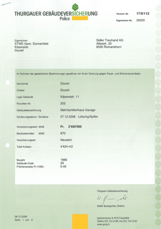 Versicherungsdokument mit Gebäudedaten