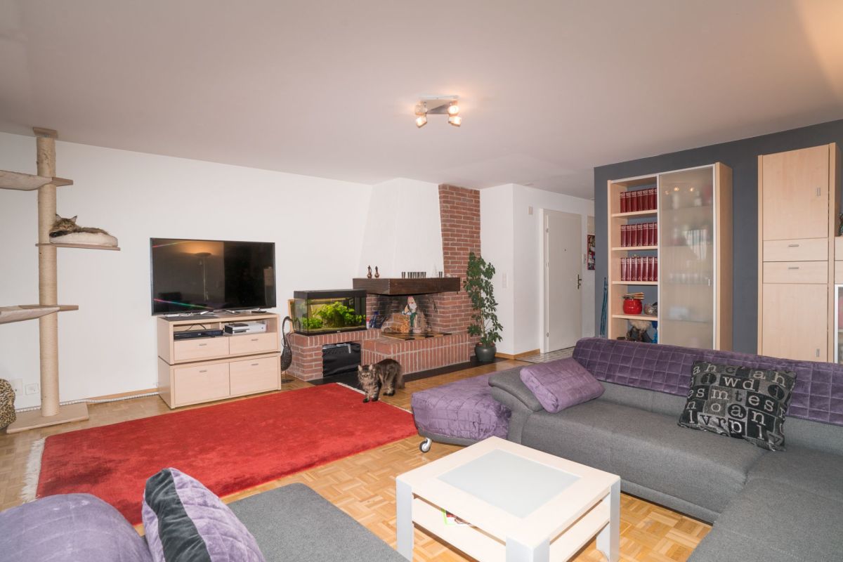 Wohnzimmer mit Kamin und Katzenbaum