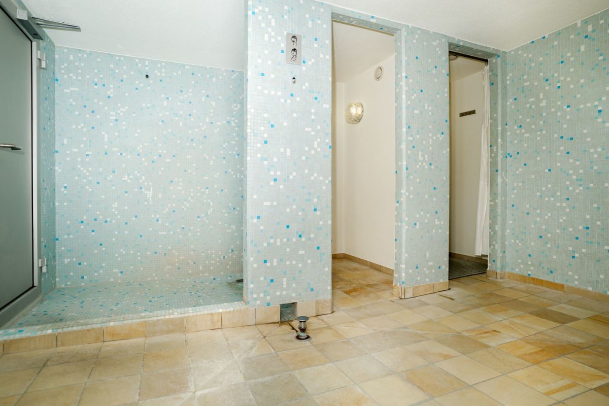 Feuchter Spa- bzw. Duschbereich mit Mosaikwänden