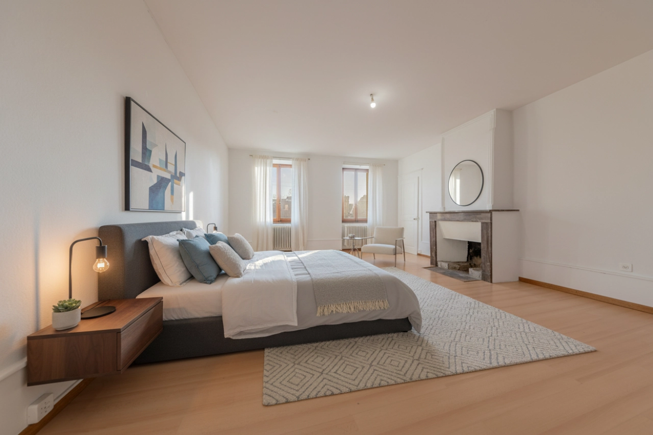 Helles Schlafzimmer mit Kamin