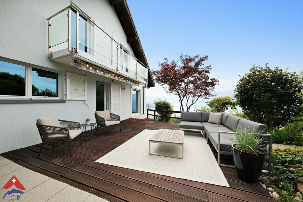 Große Terrasse mit Gartenmöbeln und Seeblick