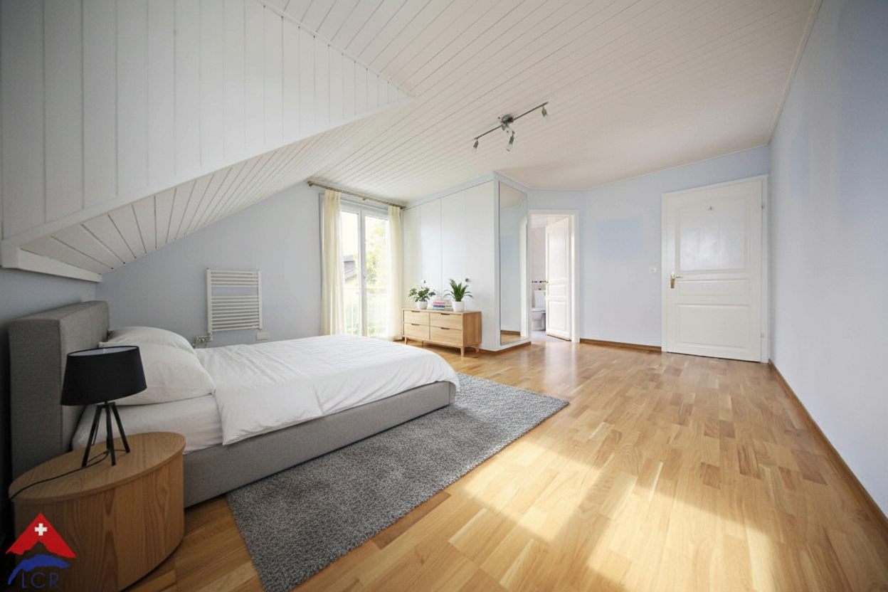 Helles Dachgeschoss-Schlafzimmer mit Holzboden