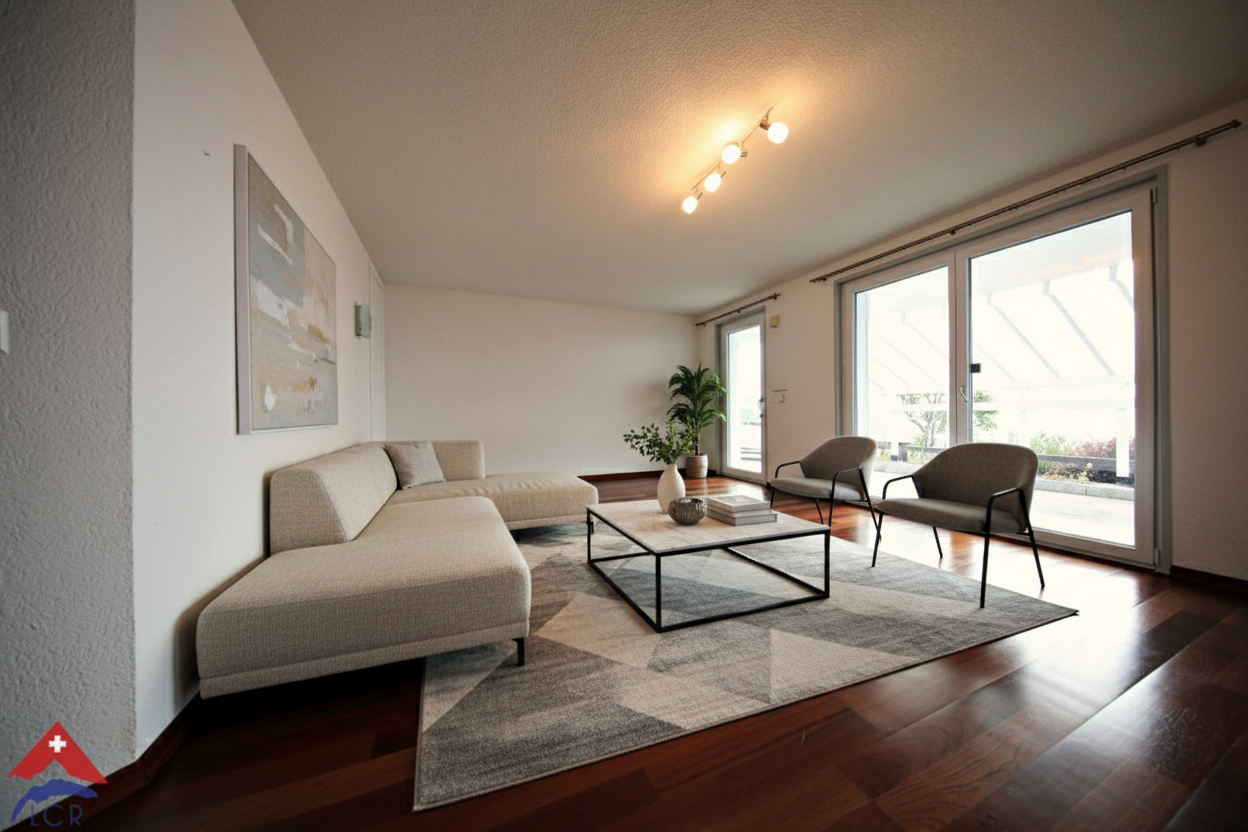 Helles Wohnzimmer mit bodentiefer Verglasung