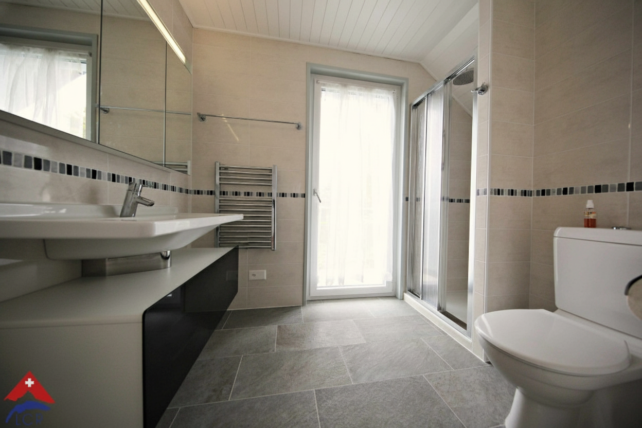 Modernes Badezimmer mit Dusche, Waschbecken und WC