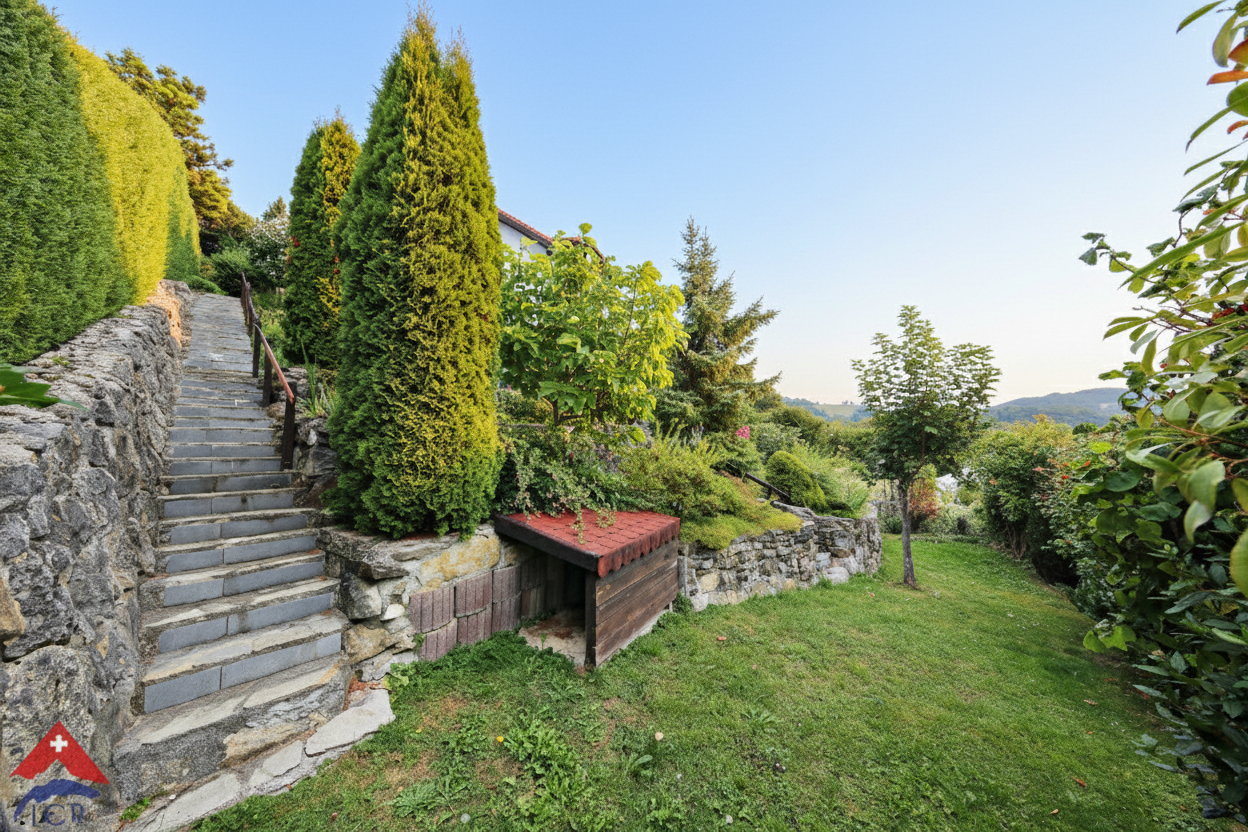 Gartenhang mit Steintreppe und üppiger Begrünung